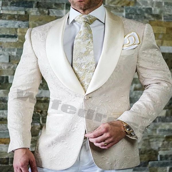 Blanc Hommes Costumes De Mariage Porter Tuxedos Costume De Bal Dîner Groomsman Blazers Imprimé Floral Revers Une Pièce Veste Sur Mesure 228E