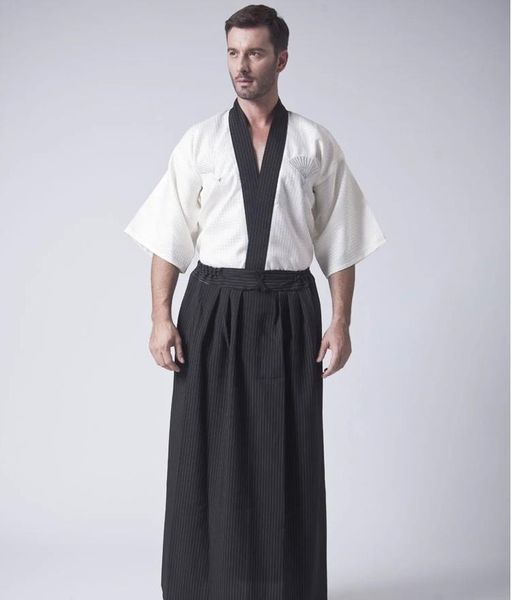 Blanc hommes Yukata peignoir japonais samouraï vêtements traditionnel Kimono Haori mâle Anime Cosplay Robe Robe Halloween Costume ethnique