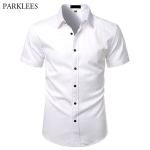 White Mens Bamboo Fiber Jurk Shirts Shirt Korte Mouw Casual Button Down Shirt Mannen Non Iron Easy Care Elastic Business Shirt Man 210522