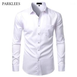 Witte heren bamboe vezel shirts casual slanke fit button up jirts heren mannen massief sools shirt met zakformele business camisas1 2416