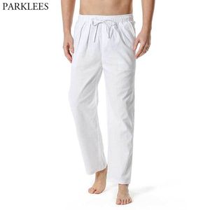 Pantalon de lin en coton pour hommes blancs pantalon de taille à cramps élastique pantalon masculin de yoga de yoga léger pantalon d'été 6 couleurs 210522