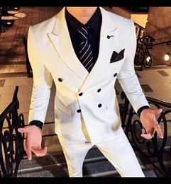 White Mens Wedding Suits Slim Fit Double Breasted PeaTed Revers Tuxedos Formal Work Prom Office Business Blazer (Jack + Pants)