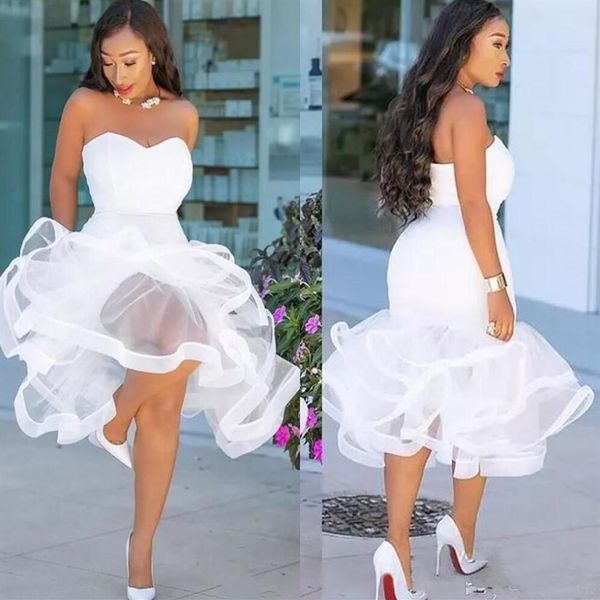 Blanc sirène 2021 robes de mariée courte longueur thé chérie volants grande taille robe de cocktail été plage Boho mariée Go222r