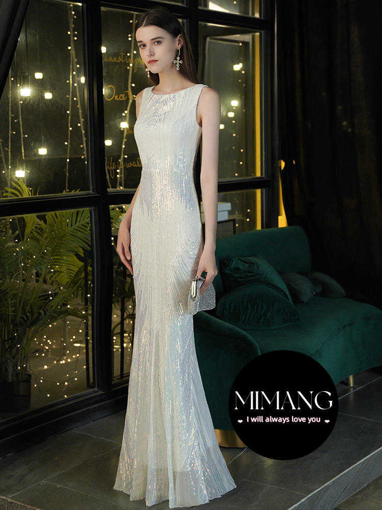 Weiße Meerjungfrau Abendkleid Frauen langes Kleid Pailletten Temperament Bankett Socialite Light Luxus High-End