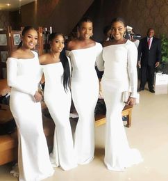 Witte zeemeermin avondjurken Afrikaanse meisjes bruiloft bruidsmeisje partij jurken formele lange mouwen satijn elegante plus size speciale gelegenheid jurk eenvoudige 2021