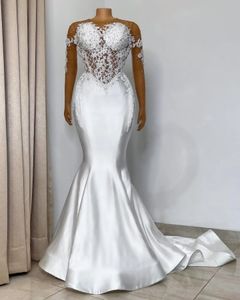 Robe De mariée sirène blanche en dentelle, élégante, perles avec glands, manches longues, appliquée, robes De soirée De mariée