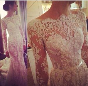 Sirène blanche en dentelle et robes de bal transparentes 2015 avec manches longues voir à travers les applications robes de soirée Party Bridesmaid Dress6534664