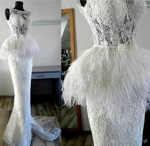 Robes de mariée en dentelle sirène blanche avec plumes péplum magnifiques robes de mariée sur mesure pleine longueur ceinture de perles 322 322 322