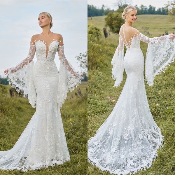 Vestidos de novia de sirena blanca 2022 Vestidos de novia elegantes Llamarada de encaje Manga larga Estilo campestre bohemio Robe De Soirée