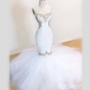 Robe de mariée de sirène blanc chérie doré appliques dentelle printemps estivale robe de mariée manches tulle train robe mariée robe mari