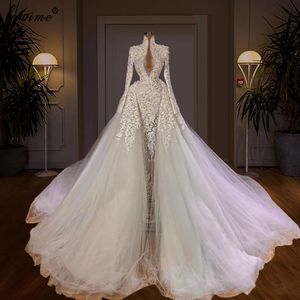 Vestidos de novia de sirena blanca con tren desmontable Vestidos de novia Perlas Capilla Mangas largas Novias elegantes Robe De Mariage