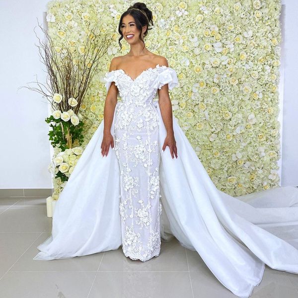 Vestidos de novia de sirena blanca Apliques florales Vestidos de novia con tren desmontable Personalizar fuera del hombro Robe De Soir￩e