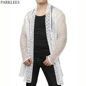 Blanc Maille Voir à travers Cardigan T-shirt Hommes Col Châle À Manches Longues Haut Bas Ourlet T-shirt Homme Hip Hop Muscle Tops Camisetas 210522