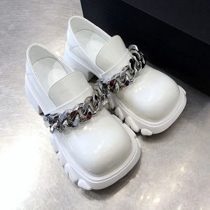 Zapatos Oxford de plataforma con punta cuadrada y cadena de metal blanco, zapatos informales para todas las estaciones con plataforma de Lolita para chica de cuero genuino