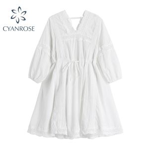 Witte midi jurk vrouwen zomer hoge taille veter-up vintage kant spliced ​​fairy jurken vrouwelijke koreaanse v nek mori meisje losse jurken 210515