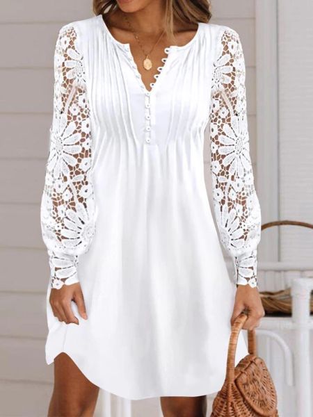 Mini robe blanche en dentelle pour femmes, tenue élégante, mode féminine, col rond, boutons, ajouré, manches longues, été