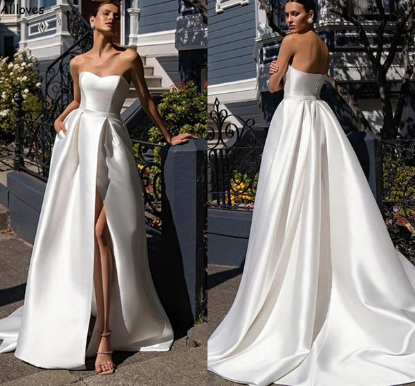 Blanc Moderne Simple Satin Une Ligne Robes De Mariée Pour La Mariée Chérie Cou Empire Taille Mode Robes De Mariée Sexy Haute Split Plus La Taille Réception Robe De Soirée CL2143