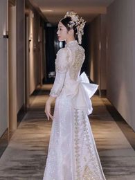 Blanc lune lumière luxe vêtements 2023 nouveau chinois arc queue de poisson remorqueur haut de gamme robe de mariée