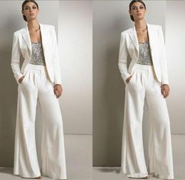 Trajes de pantalón blancos para madre de la novia y novio, vestido de invitados de boda con lentejuelas plateadas, conjunto de traje de pantalón de talla grande con chaquetas para dama formal2638656