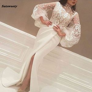 Witte moslimavondjurken Mermaid Hoge kraag Lange mouwen Lace Slit Islamitische Dubai Saoedi -Arabische Lange avondjurk Prom