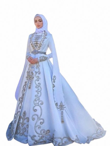 Robes de mariage musulmanes blanches pour femmes Caftan Gold Appliques robe de bal mariée Dr avec ceinture Cape Lg manches robe de mariée C0Cr #