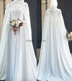 Witte moslim trouwjurk 2023 Islamitische elegante kap -kap -floralen kanten kasteel bruidsjurken lange mouw chiffon dubai arabische bruid vestido de noiva casamento modest