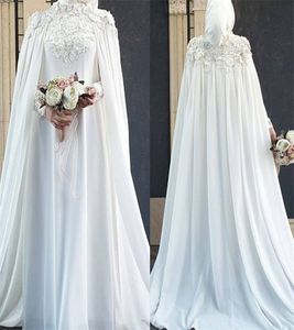 Vestido de novia musulmán blanco 2023 Islámico elegante con capa floral Encaje Castillo Vestidos de novia Manga larga Gasa Dubai Árabe Novia vestido de noiva casamento Modesto