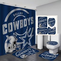 White Navy Blue American Football Shower Curtain Set, Modern Texas Star Rugby Athlete Helmet Sport Badkamer Set Non-Slip Mat Tap