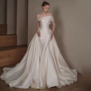 Wit nieuwste klassieke trouwjurk bal jurk uit schouder satijn bowknot vloer lengte trouwjurken romantisch vestido de novia