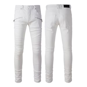 Blanc No Rips Skinny Designer Jeans pour hommes Pantalons masculins déchirés avec des trous denim Homme droit de la jambe slim fit zipper trou Fashion Long Hop Hop Rock Biker