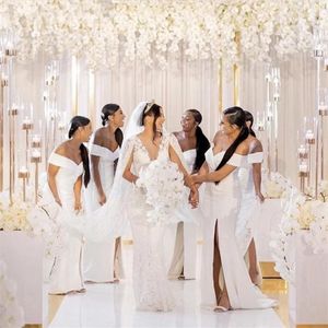 Wit Off Schouder Bruidsmeisjekleding 2021 Plus Size Afrikaanse Bruidsmeisje Toga Lange Zeemeermin Satijn Bruiloft Gast Feestjurk Form287E