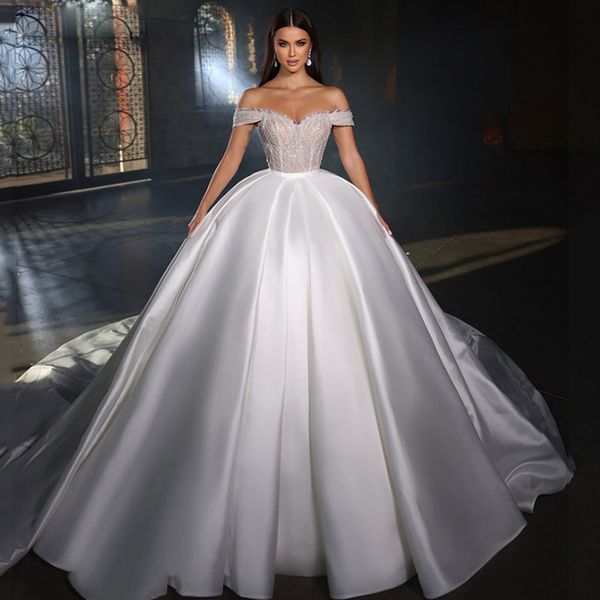 Vestido de novia blanco con hombros descubiertos, vestidos de novia de satén plisados con lentejuelas, vestidos de Boda de Princesa de talla grande 326 326