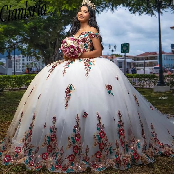 Vestido De fiesta De princesa blanco con hombros descubiertos, Vestidos De quinceañera, apliques De lentejuelas coloridos, corsé De encaje, Vestidos De 15 anos