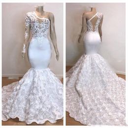 White One Shoulder Prom Dresses See Through Lace Mermaid Bruidsjurken Ruched Rose Sweep Train Party Dress Custom Made Vestidos