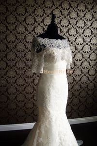 Wit of ivoor bruids wraps jassen halve mouwen kant bruids jas met kristallen kralen bolero jasje trouwjurk236R