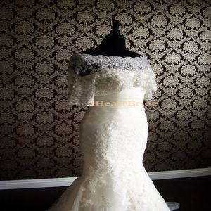Witte of ivoren bruids wraps jassen half mouwen kanten bruidsjack met kristallen kralen bolero jas trouwjurk 212m