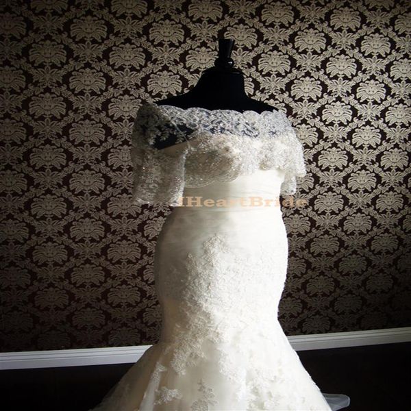 Blanc ou ivoire mariée Wraps vestes demi manches dentelle veste de mariée avec perles de cristal boléro veste mariage Dress256N