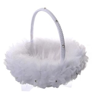 Panier de fleurs en plumes d'autruche blanches pour filles, panier de fleurs rond élégant en soie, faveurs de mariage, accessoire de mariage 214x