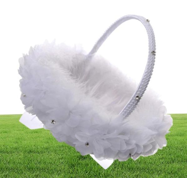 Avestruz blanca pluma niña canasta de niña elegante encaje dhinestone canasta de flores nupcias Favores de boda accesorios de boda8698750