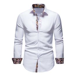Wit Paisley Heren Shirt Patchwork Slanke Lange Mouw Casual Shirts Mannen Splice Print Work Business Wedding Camisas Lente Merk 210524