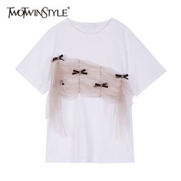 Blanc Patchwork Bowknot Mesh Tops Pour Femmes O Cou À Manches Courtes Casual Coréen T Shirt Femme Mode Vêtements 210524