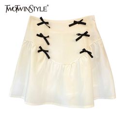 Witte Patchwork Bowknot Rok voor Vrouwen Hoge Taille Een Lijn Mini Rokken Vrouwelijke Mode Kleding Zomer Stijlvolle 210521