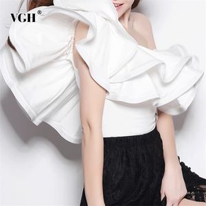 Patchwork blanc chemises décontractées pour femmes Slash cou sans manches volants irréguliers chemisiers solides vêtements féminins été 210531