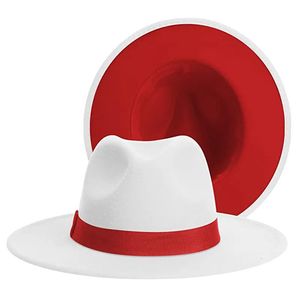 Wit patchwork brede riem hoeden voor dames klassieke tweekleurige twee tone vilt fedora hoeden voor mannen mode cowboy jazz hoed bruine riem 240430