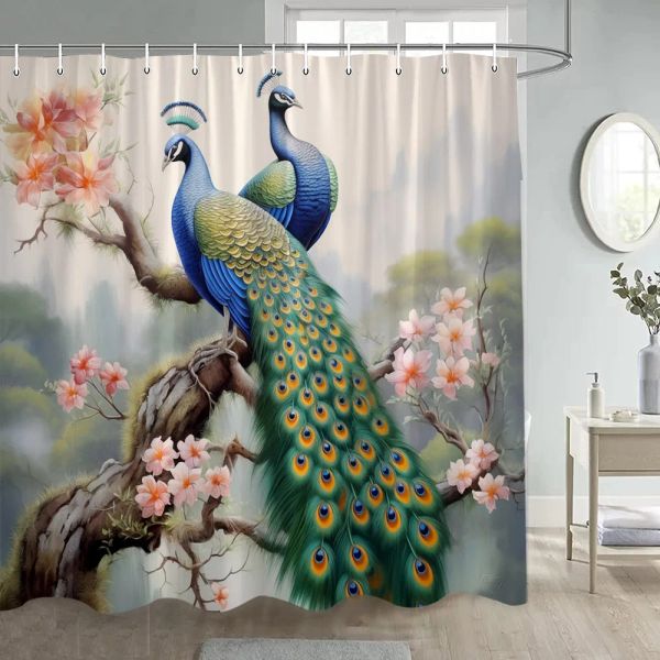 Cortina de ducha de pavos blancos Peony Floral Hojas verdes Vegetal Estilo chino Cortinas de baño de arte vintage Decoración de baño de tela