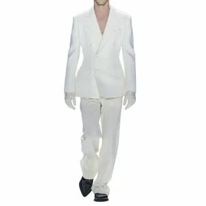 Costumes à double boutonnage à revers blanc pour hommes Slim Fit élégant décontracté bal de mariage formel smoking 2 pièces costume masculin blazer pantalon 62CU #