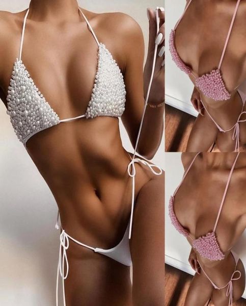 Bikini de perle blanche 2023 MUJER SEXY SEXY SEMBRES DE LACEUP Backless Pink Micro Mini Maigneur de plage Femmes 2 pièces Bikini Set 5929803