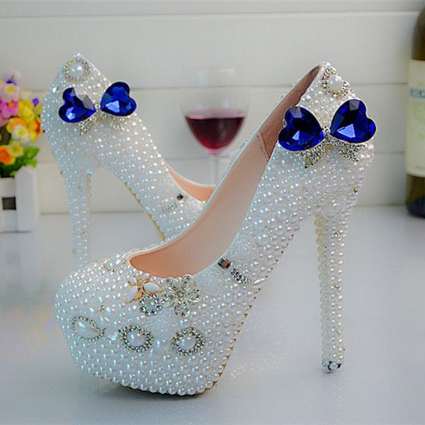 Blanc perle bleu cristal chaussures à talons hauts femmes nouveau concepteur à la main chaussures de mariage couronne strass dame heureuse chaussures de bal