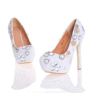 Tacones de perlas blancas Recién llegado Zapatos de novia de rhinestone Banquete Zapatos de fiesta de graduación Zapatos de tacón alto de boda Bombas de mujer