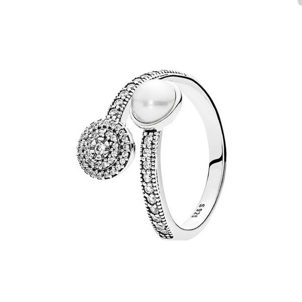 Anillo abierto espumoso de perla blanca para Pandora Anillos de diseñador de joyería de fiesta de plata esterlina auténtica para mujeres Hermanas Anillo de diamante de cristal de regalo con caja original